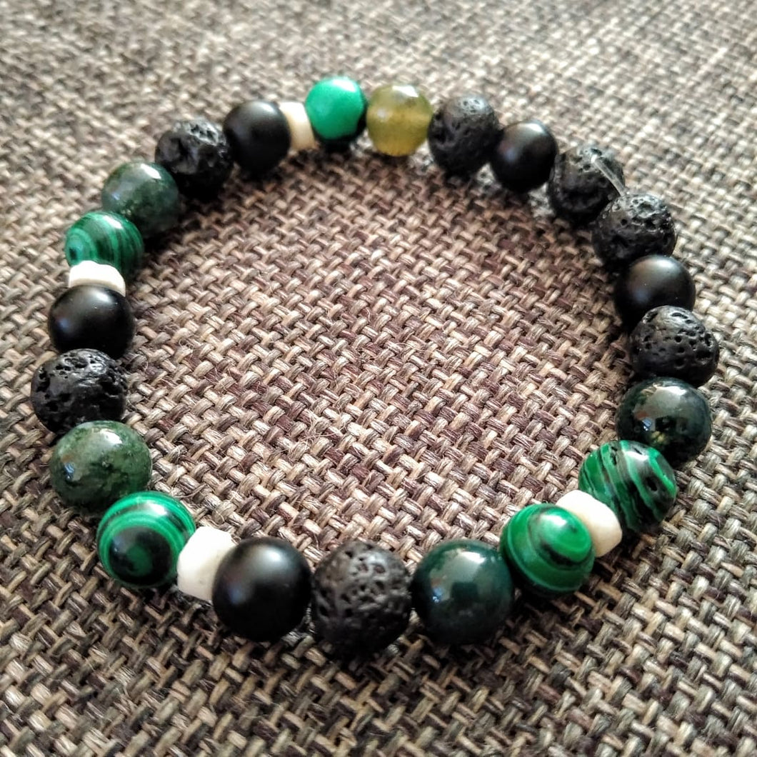 Pulsera 4 Piedra Volcanica, Ágata Verde, Ónix Y Malaquita